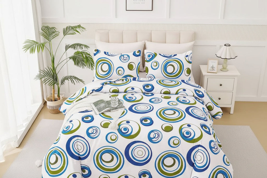 Urban Aura Quilt Set 3-Piece – Modern Blue and Green Circular Pattern Bedding Set with Pillowcases