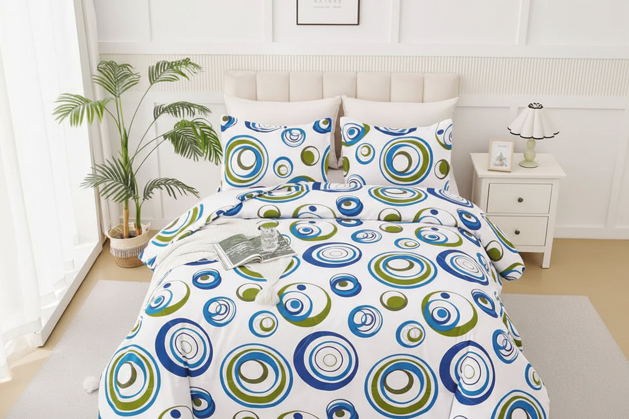 Urban Aura Quilt Set 3-Piece – Modern Blue and Green Circular Pattern Bedding Set with Pillowcases