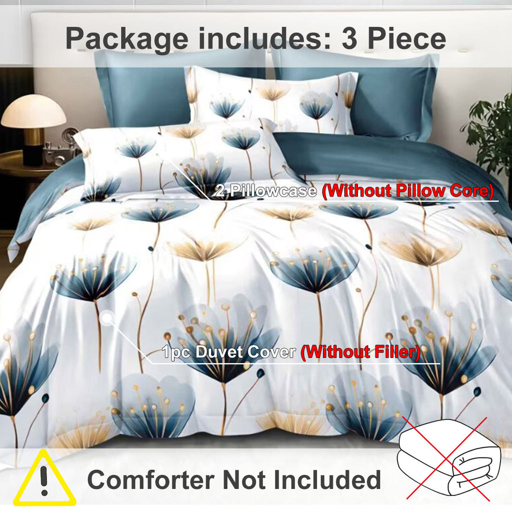 Blue and White Floral Duvet Cover Set – 3 Piece Microfiber Bedding Set with Pillowcases Twin Full Queen King