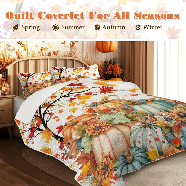 Colorful Pumpkin Oil Painting Quilt Set 3PCS – Fall Leaves Floral Bedding Set with 2 Pillowcases for All Seasons