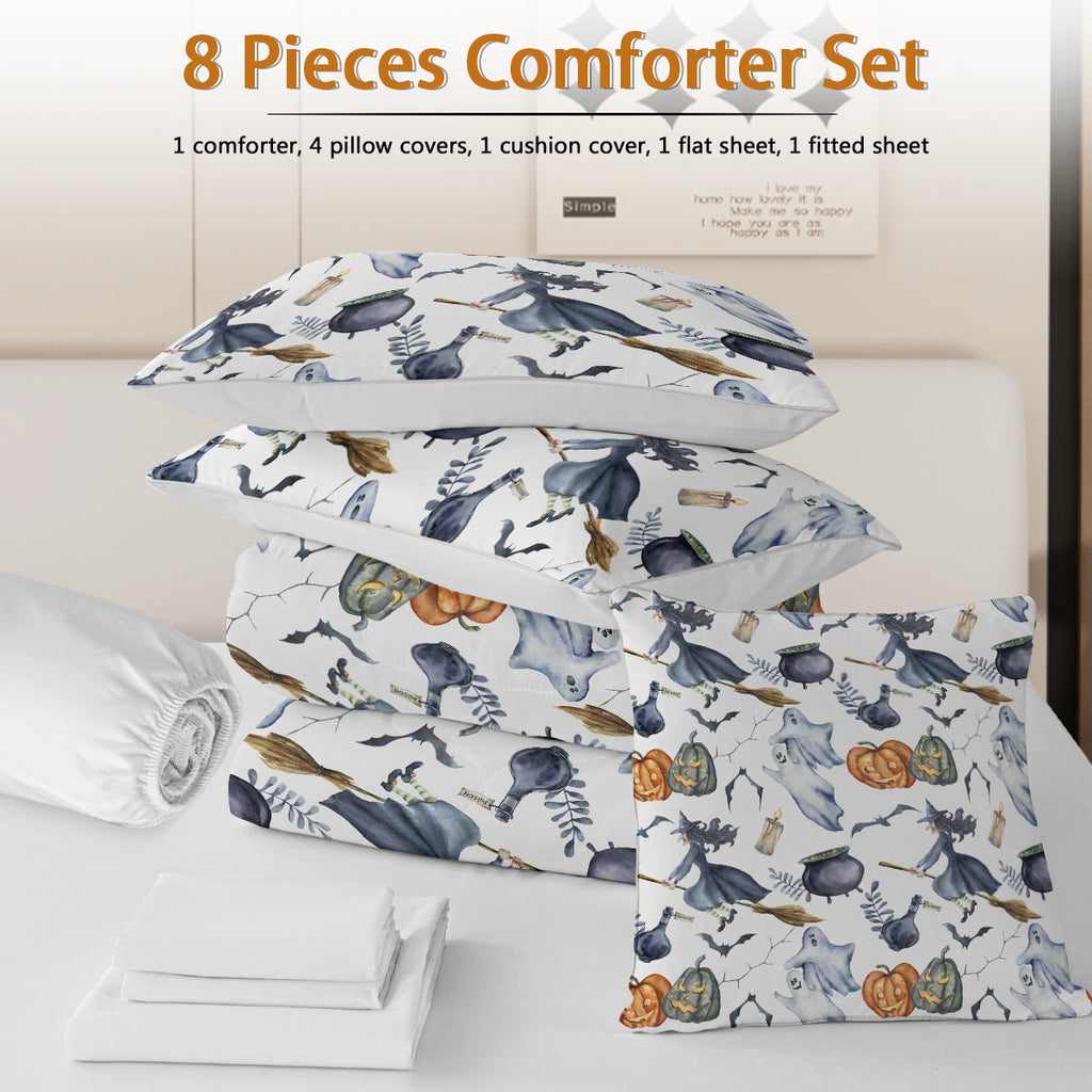 Halloween Witch Comforter Set – 8 Piece Bed in a Bag Bedding Set with Sheets and Pillowcases