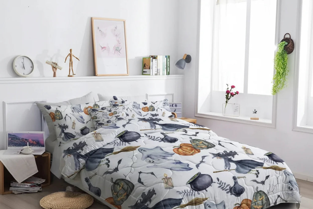 Halloween Witch Comforter Set 8PCS – Bed in a Bag Witch Pattern Bedding Set with Sheets, Pillowcases & Cushion Cover