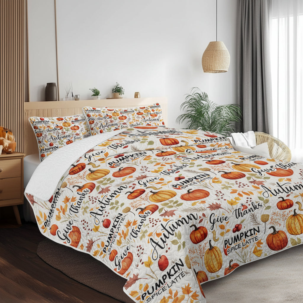 Pumpkin Autumn Leaves Quilt Set – 3 Piece All Season Bedding Set with Pillowcases