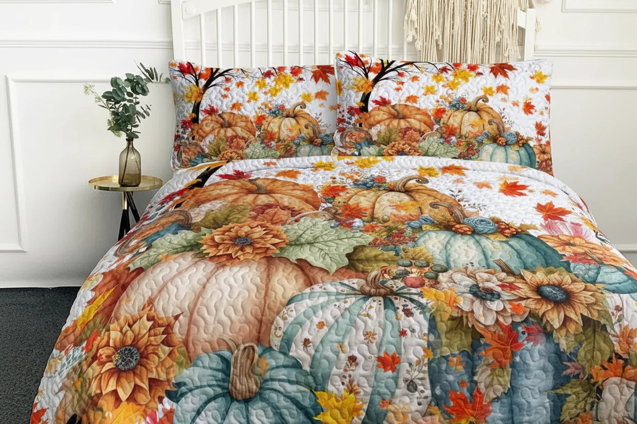 Bedding set with pumpkins and leaves on a bed in a bedroom setting.