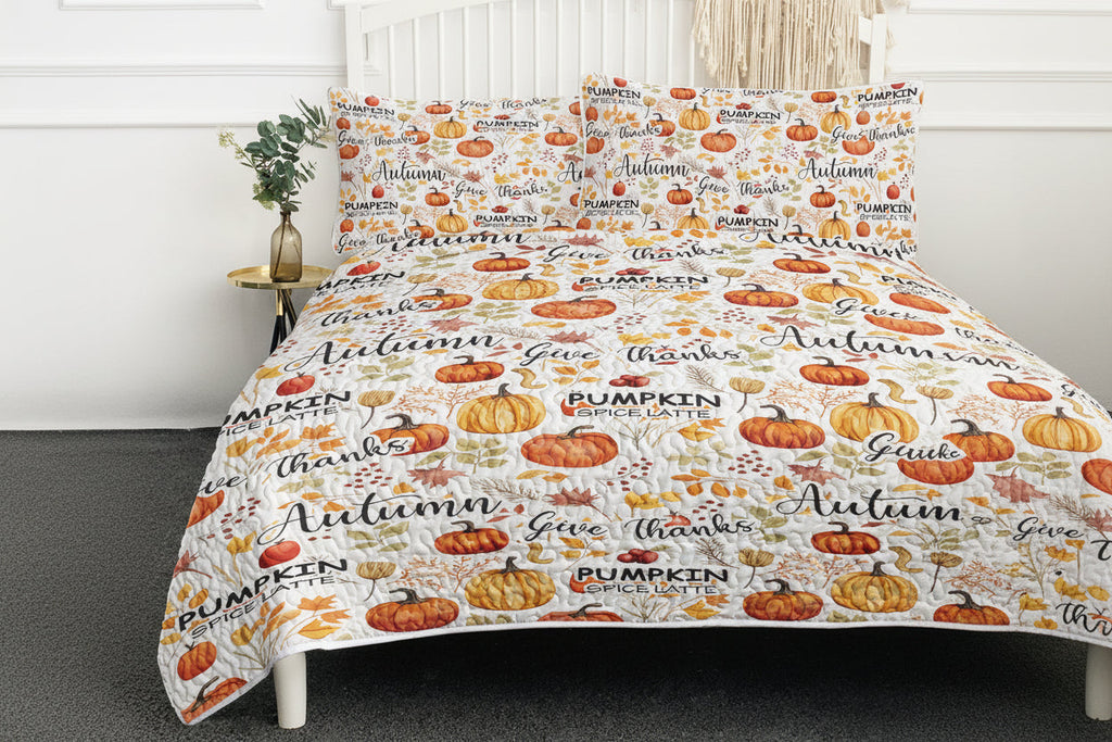 Pumpkin Autumn Leaves Quilt Set – 3 Piece All Season Bedding Set with Pillowcases