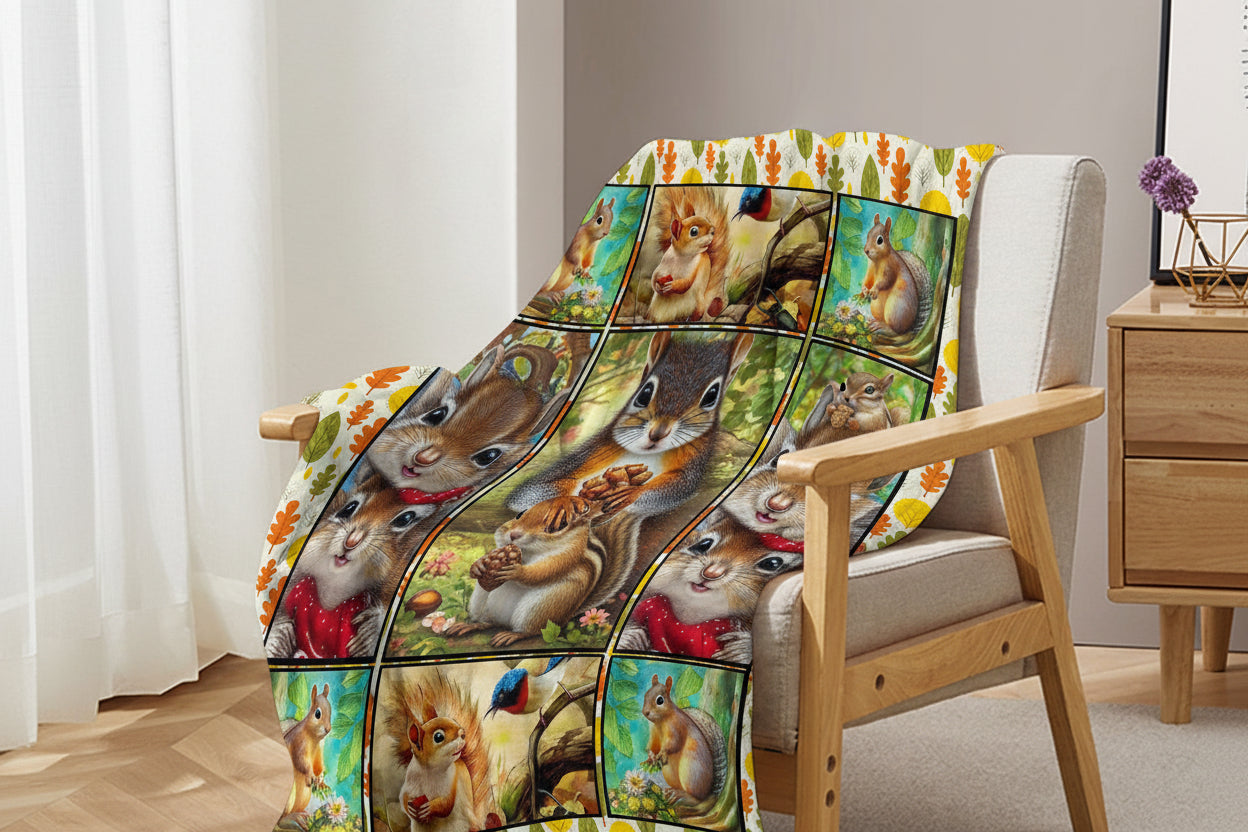Colorful quilt with squirrel design draped over a chair in a room.