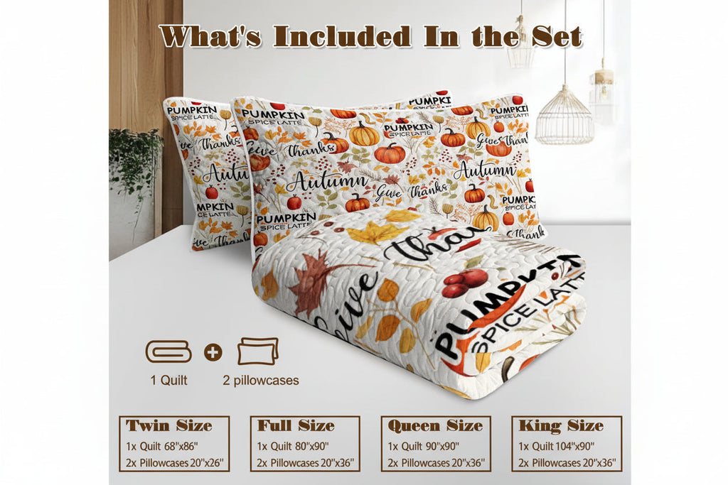Pumpkin Autumn Leaves Quilt Set – 3 Piece All Season Bedding Set with Pillowcases