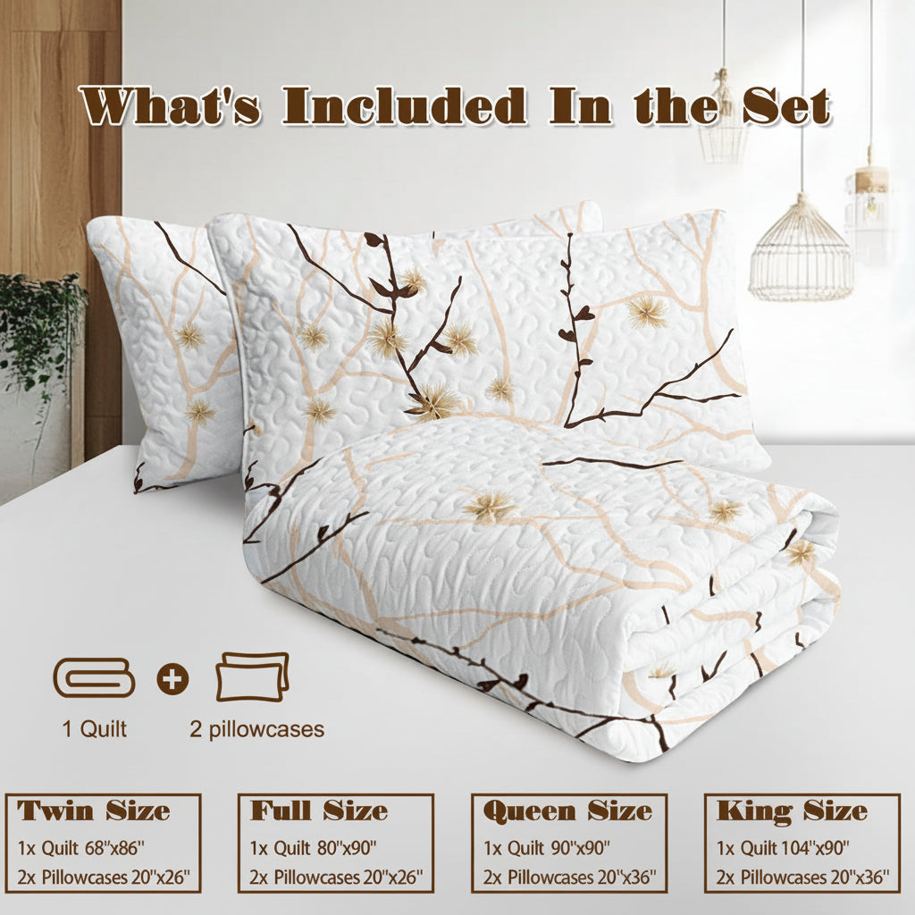 Minimalist Tree Branch Quilt Set – 3 Piece All Season Bedding Set with Pillowcases