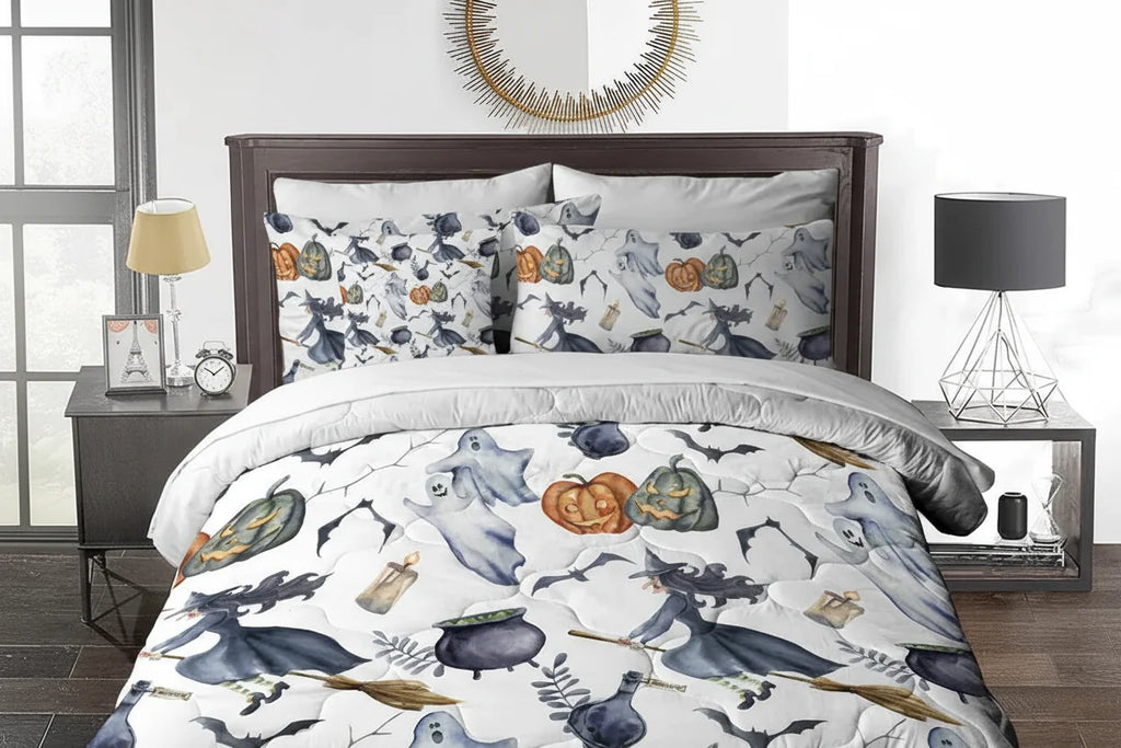 Halloween-themed bedding set on a bed in a bedroom setting.
