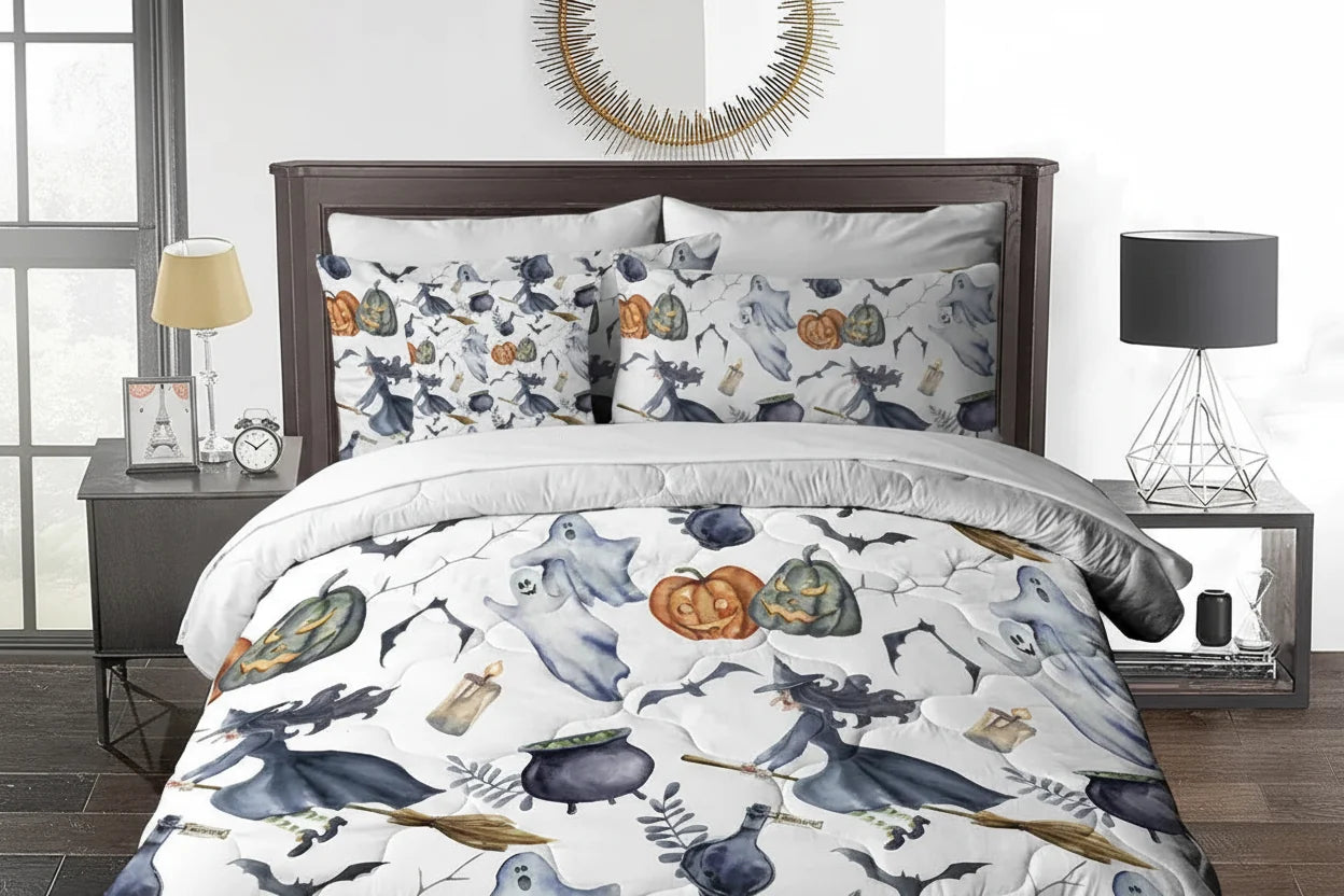 Halloween-themed bedding set on a bed in a bedroom setting.
