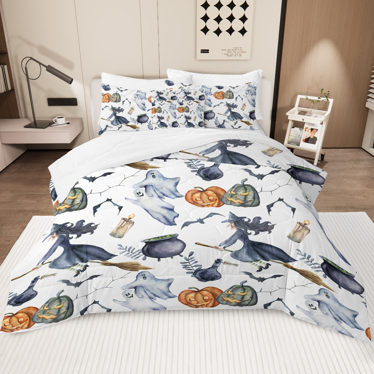 Halloween-themed bedding set with ghosts, pumpkins, and witches on a bed in a bedroom.