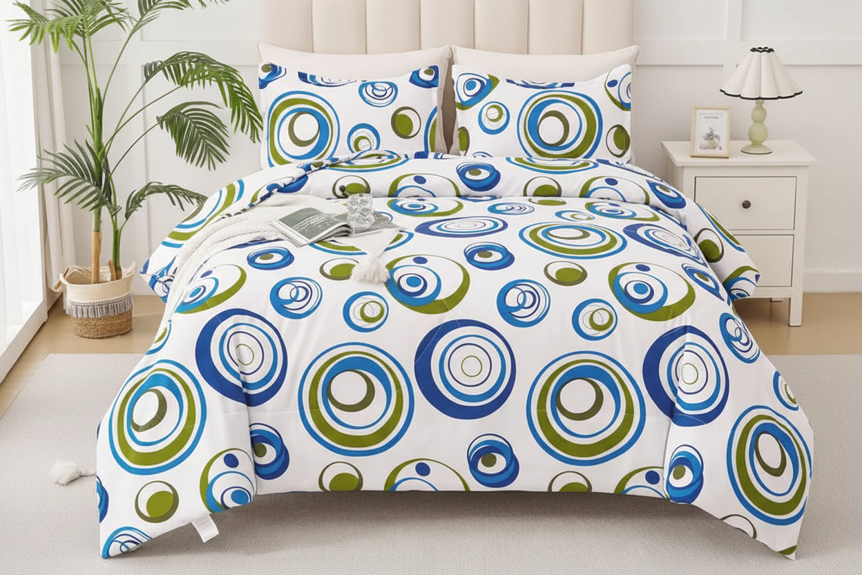 Urban Aura Quilt Set 3-Piece – Modern Blue and Green Circular Pattern Bedding Set with Pillowcases