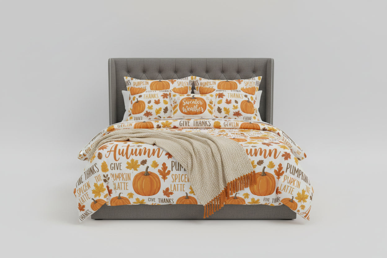 Pumpkin Autumn Leaves Quilt Set – 3 Piece All Season Bedding Set with Pillowcases