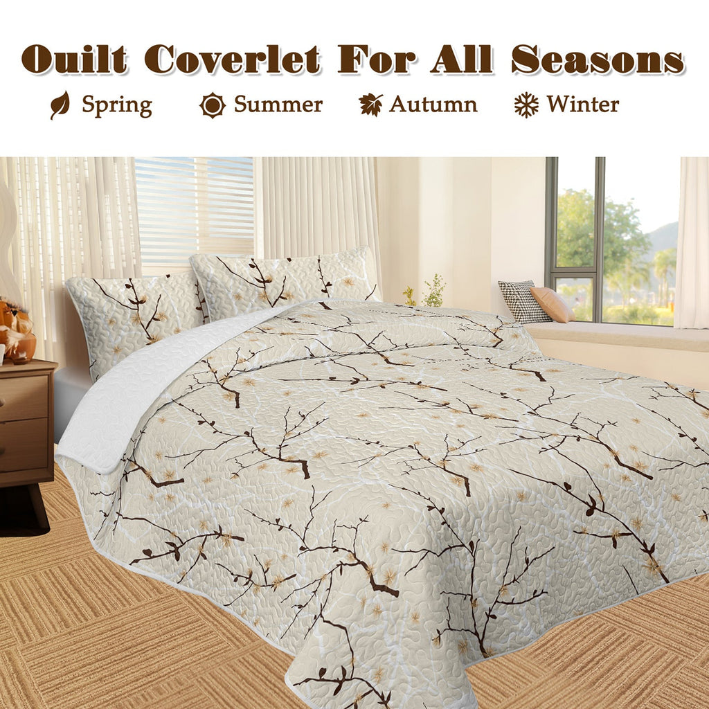 Minimalist Tree Branch Quilt Set – 3 Piece All Season Bedding Set with Pillowcases