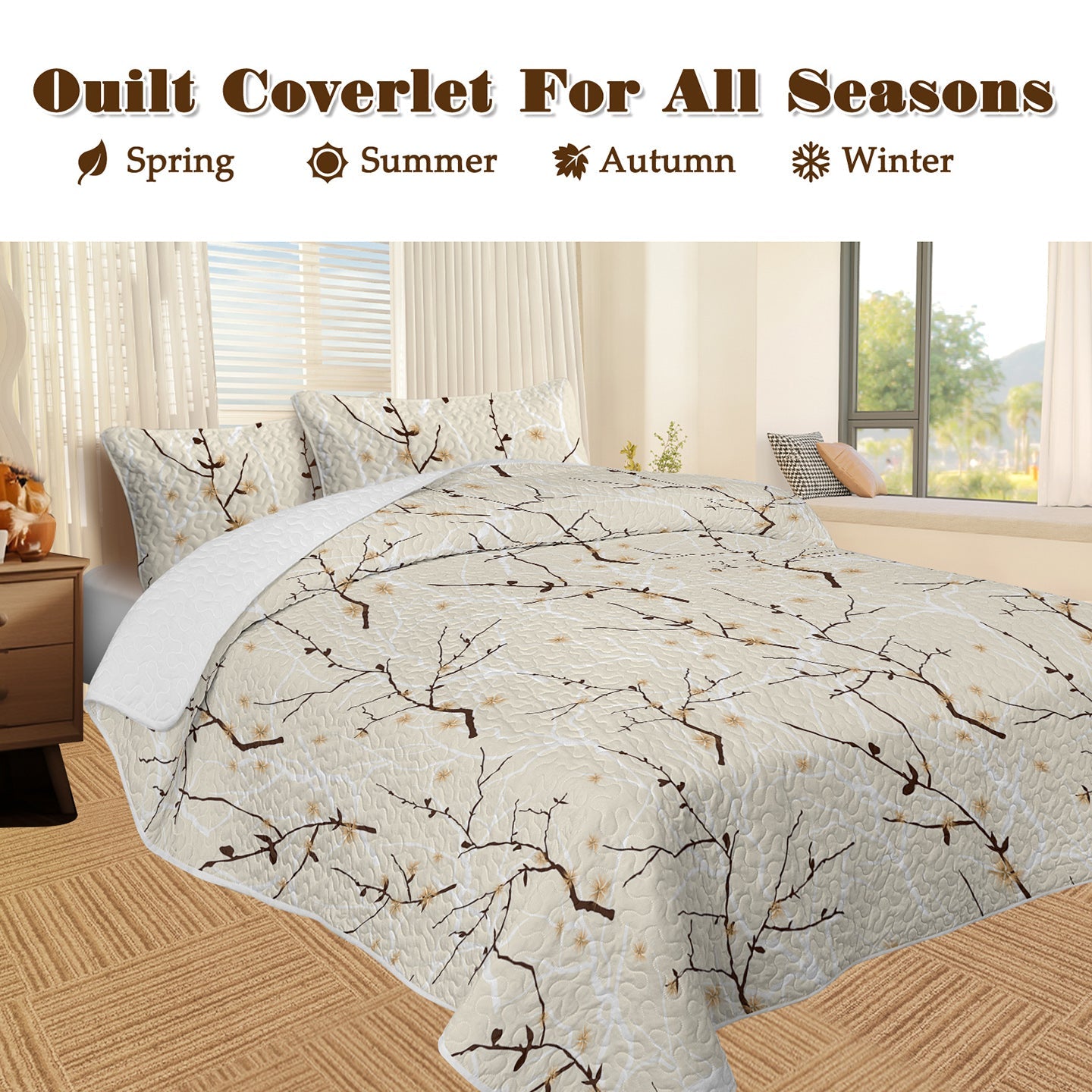 Minimalist Tree Branch Quilt Set – 3 Piece All Season Bedding Set with Pillowcases