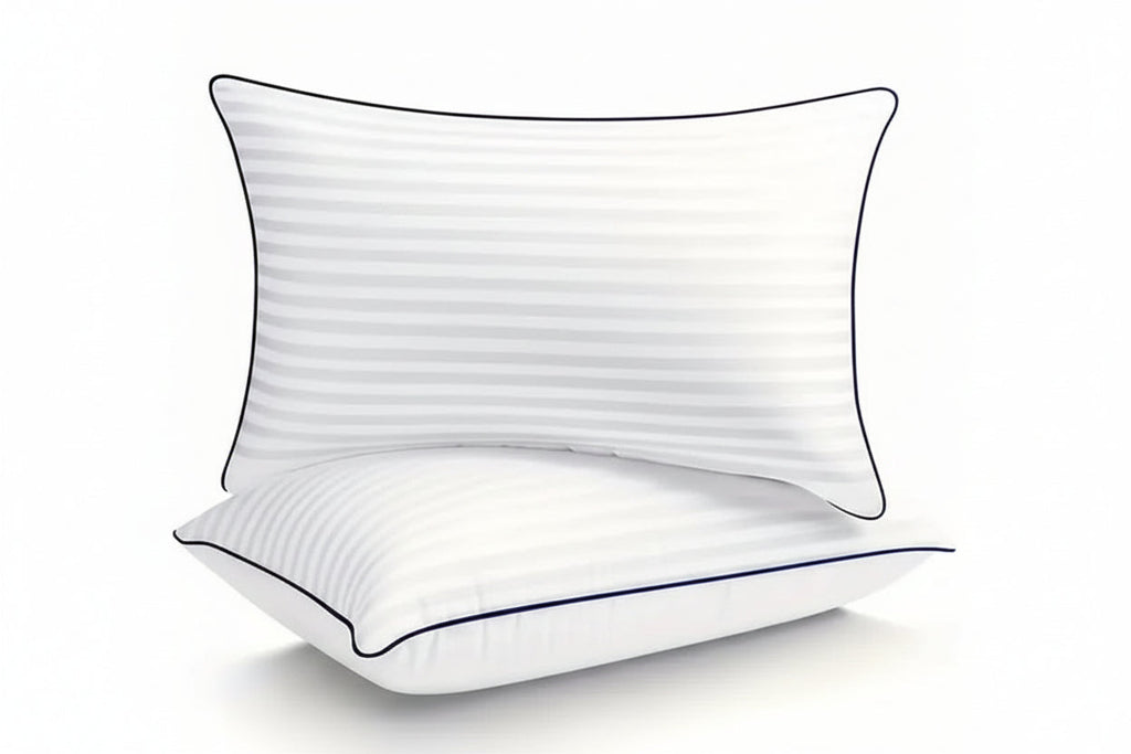 White pillow with black piping on a white background