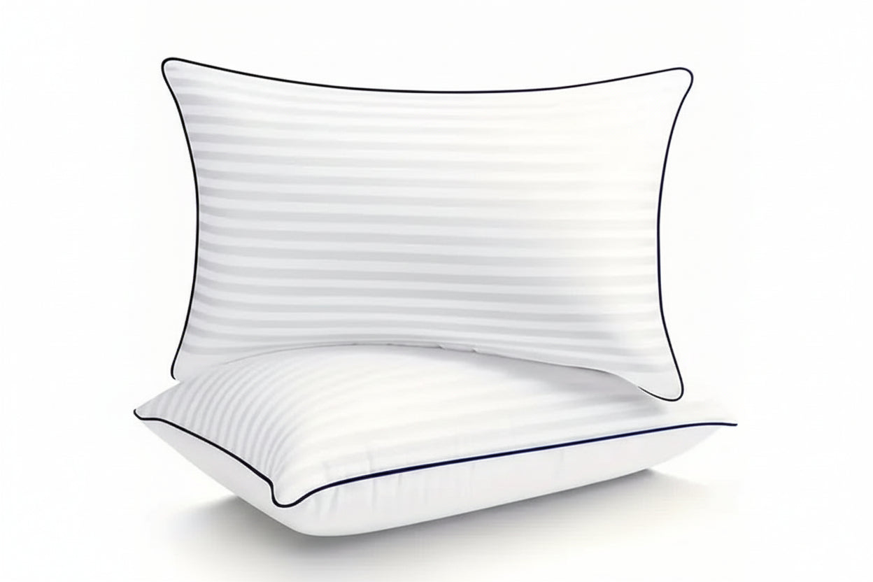White pillow with black piping on a white background