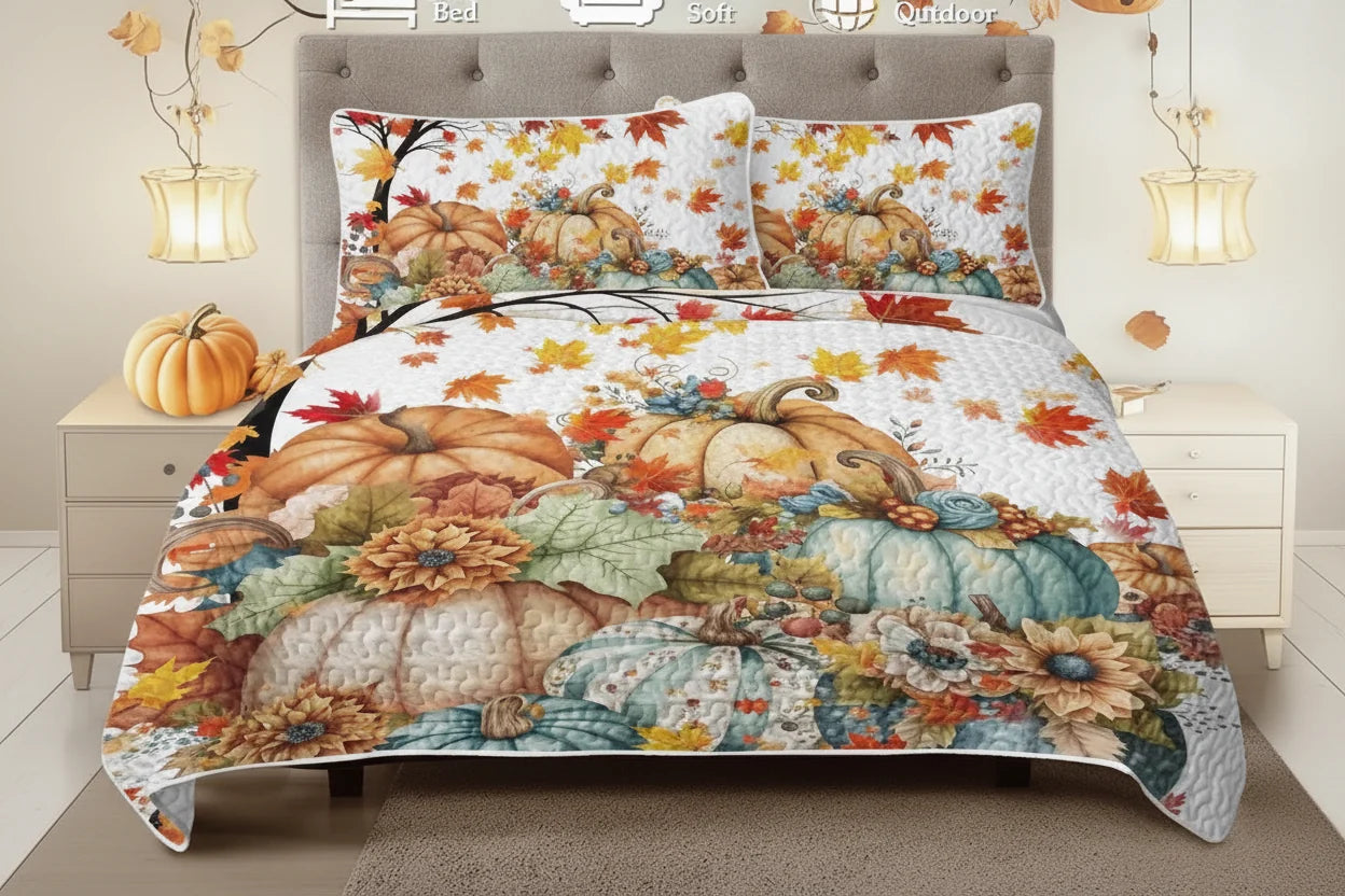 Colorful Pumpkin Oil Painting Quilt Set 3PCS – Fall Leaves Floral Bedding Set with 2 Pillowcases for All Seasons