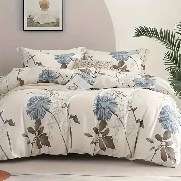 Floral patterned bedding set on a bed in a bedroom setting.
