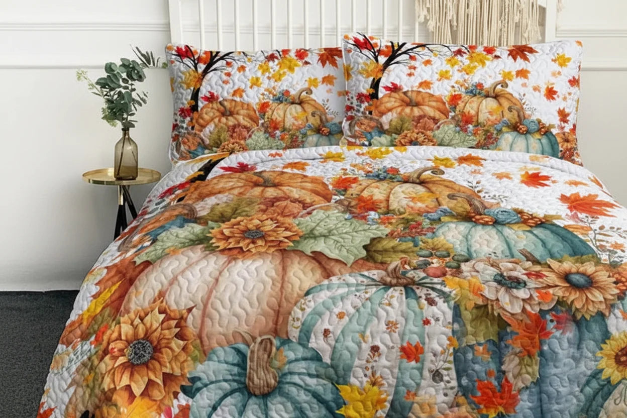 Colorful Pumpkin Oil Painting Quilt Set 3PCS – Fall Leaves Floral Bedding Set with 2 Pillowcases for All Seasons