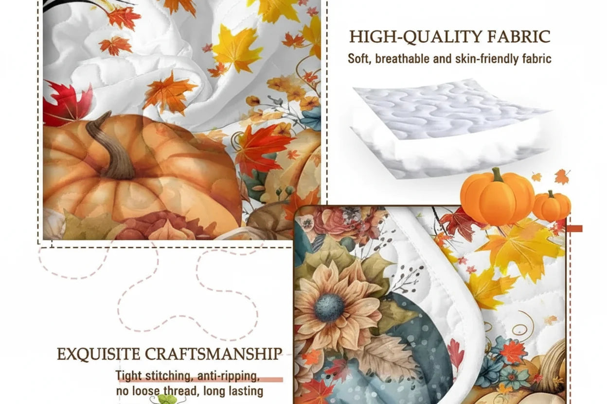 Colorful Pumpkin Oil Painting Quilt Set 3PCS – Fall Leaves Floral Bedding Set with 2 Pillowcases for All Seasons