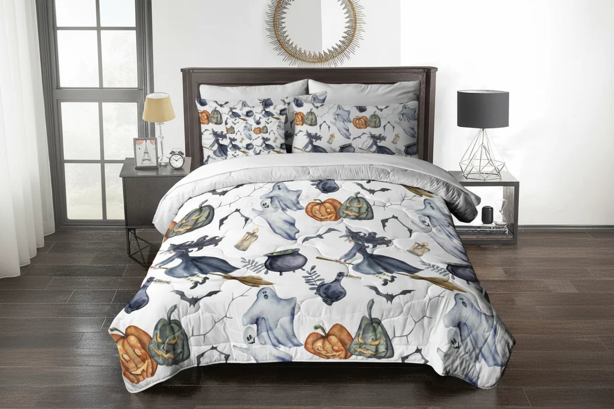 Halloween Witch Comforter Set 8PCS – Bed in a Bag Witch Pattern Bedding Set with Sheets, Pillowcases & Cushion Cover