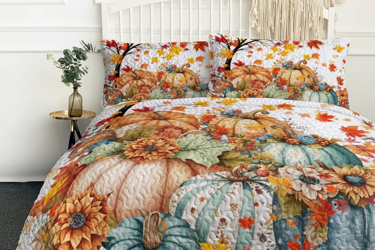 Bedding set with pumpkins and leaves on a bed in a bedroom setting.