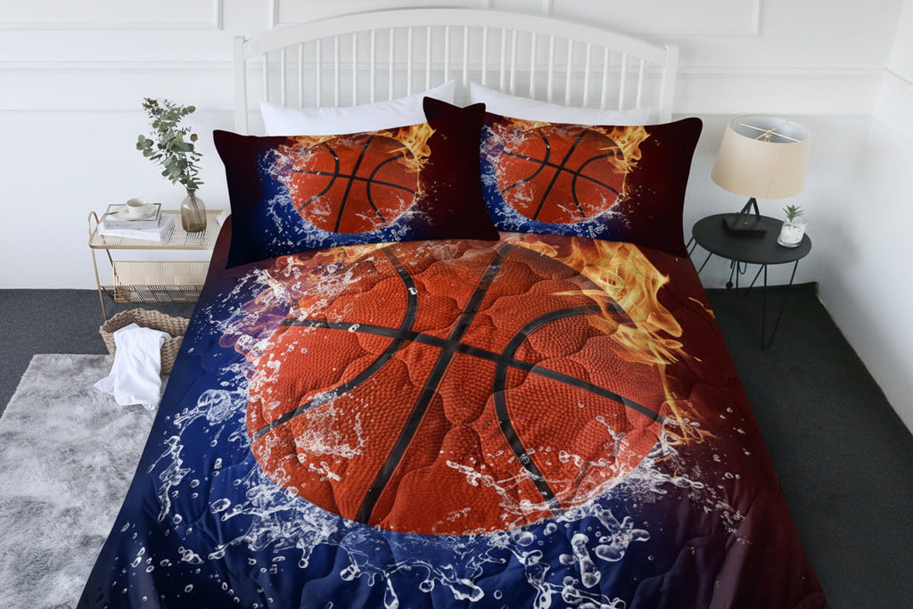 Basketball-themed bedding set on a bed in a bedroom.