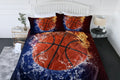 Basketball-themed bedding set on a bed in a bedroom.