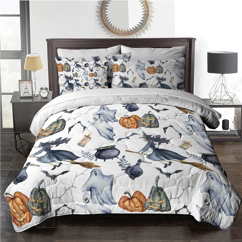 Halloween-themed bedding set on a bed in a bedroom setting.