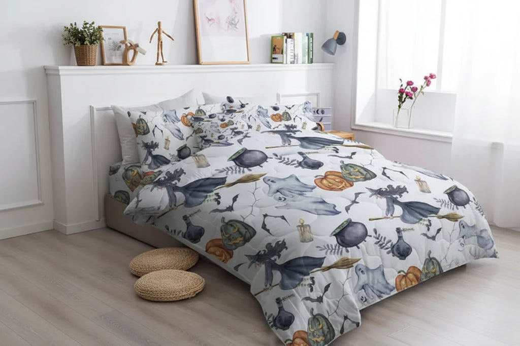 Halloween Witch Comforter Set 8PCS – Bed in a Bag Witch Pattern Bedding Set with Sheets, Pillowcases & Cushion Cover